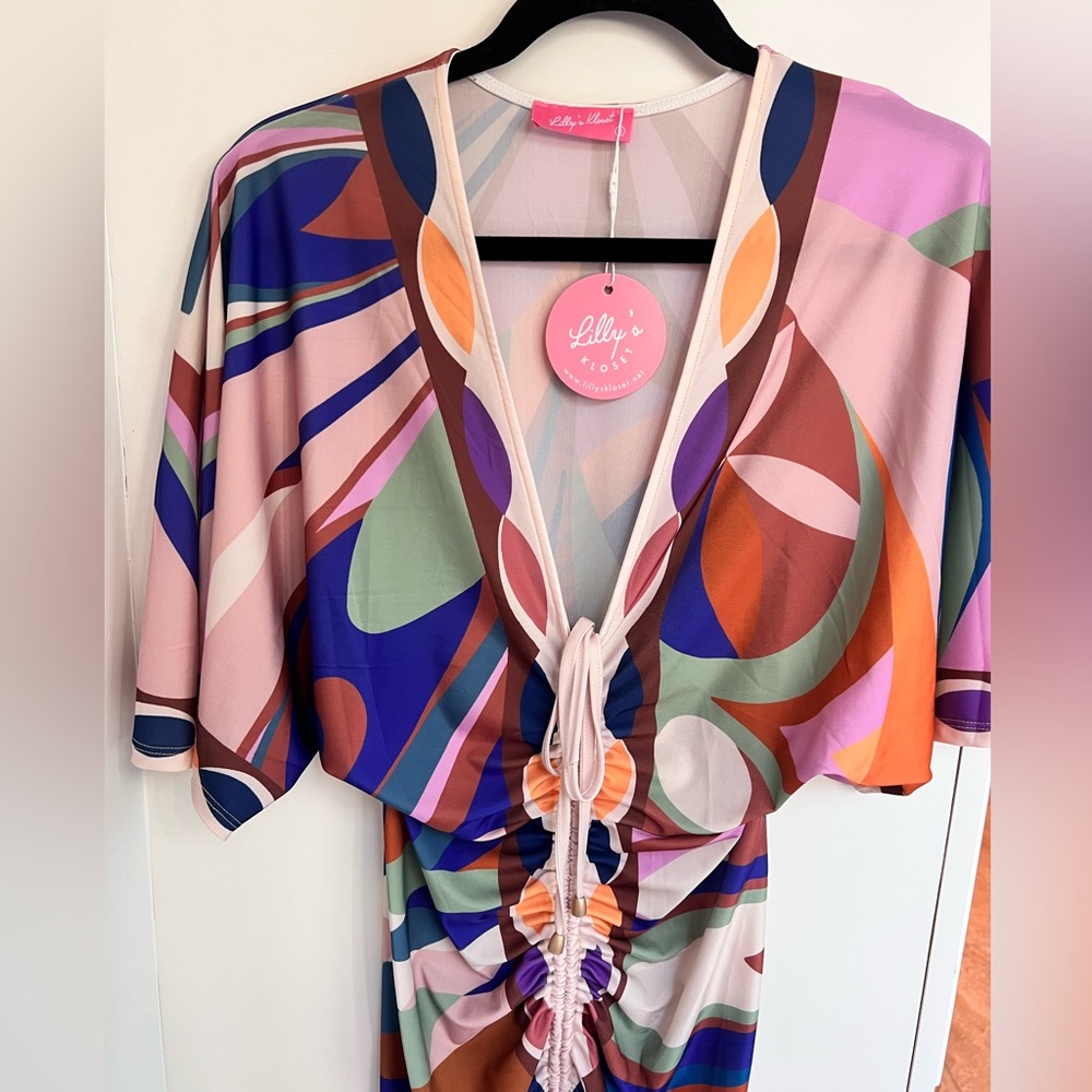 Sexy Tropical Abstract Midi Dress Ruched 🔥 - Picture 2 of 7